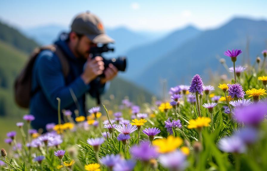 Wildflower photography in alpine meadows with professional camera equipment