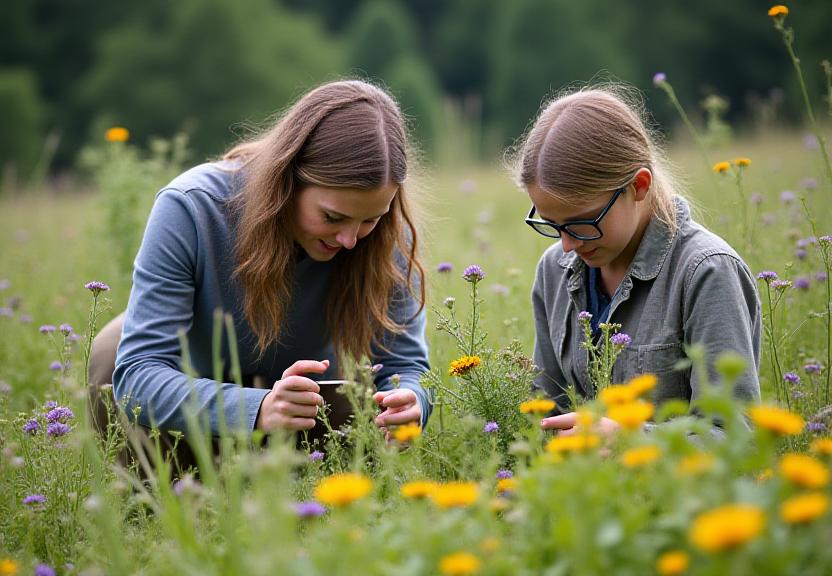 Botanist teaching plant identification in Banff wildflower meadow
