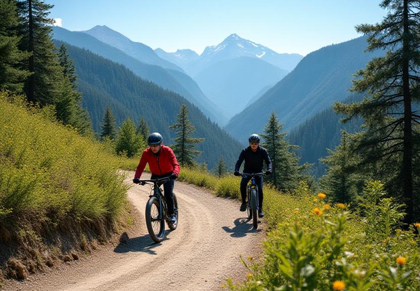 E-bike riders on scenic mountain trail practicing sustainable tourism