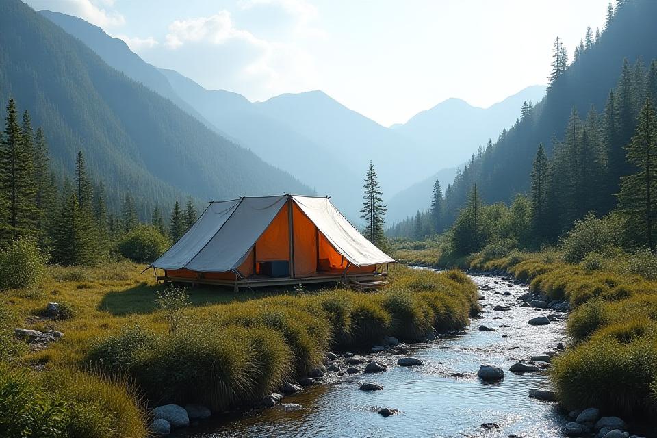 Sustainable low-impact camping setup in pristine Canadian Rockies wilderness