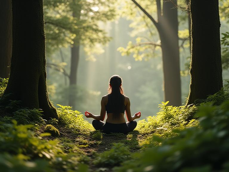 Person practicing forest bathing mindfulness meditation in serene mountain forest