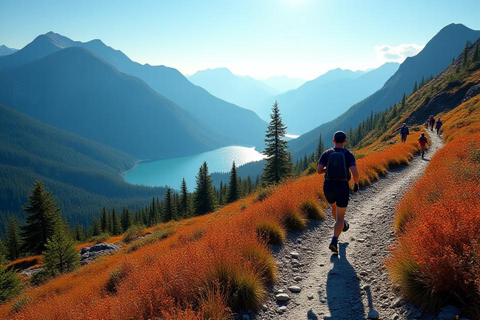 Trail runners on scenic mountain running route in Canadian Rockies